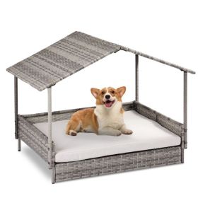 Wicker Dog House, Elevated Rattan Dog Bed with Canopy and Washable Cushion Cover, Indoor Outdoor Raised Pet House for Small Medium Dogs Cats, Gray