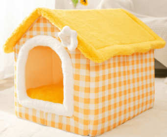 Foldable Dog House Pet Cat Bed Winter Dog Villa Sleep Kennel Removable Nest Warm Enclosed Cave Sofa Pets Supplies (Option: Yellow floret-Large)